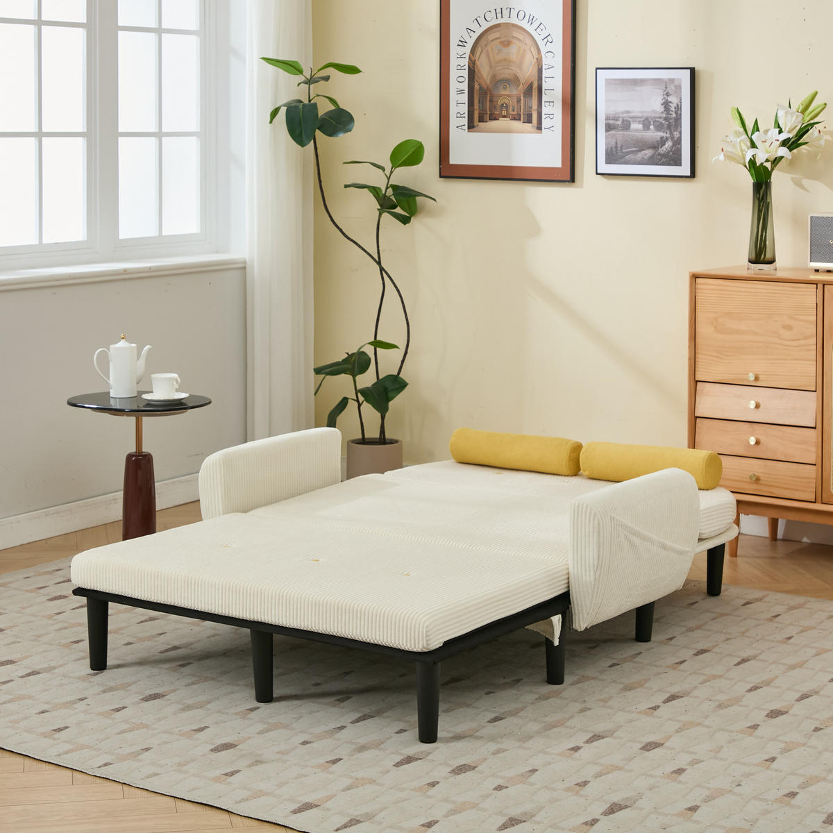 2-SITZER SCHLAFSOFA Cord Elfenbein mit 2 Kissen und Stauraum - Beige, Kunststoff/Textil (133.5/85/77cm) - WISHDOR