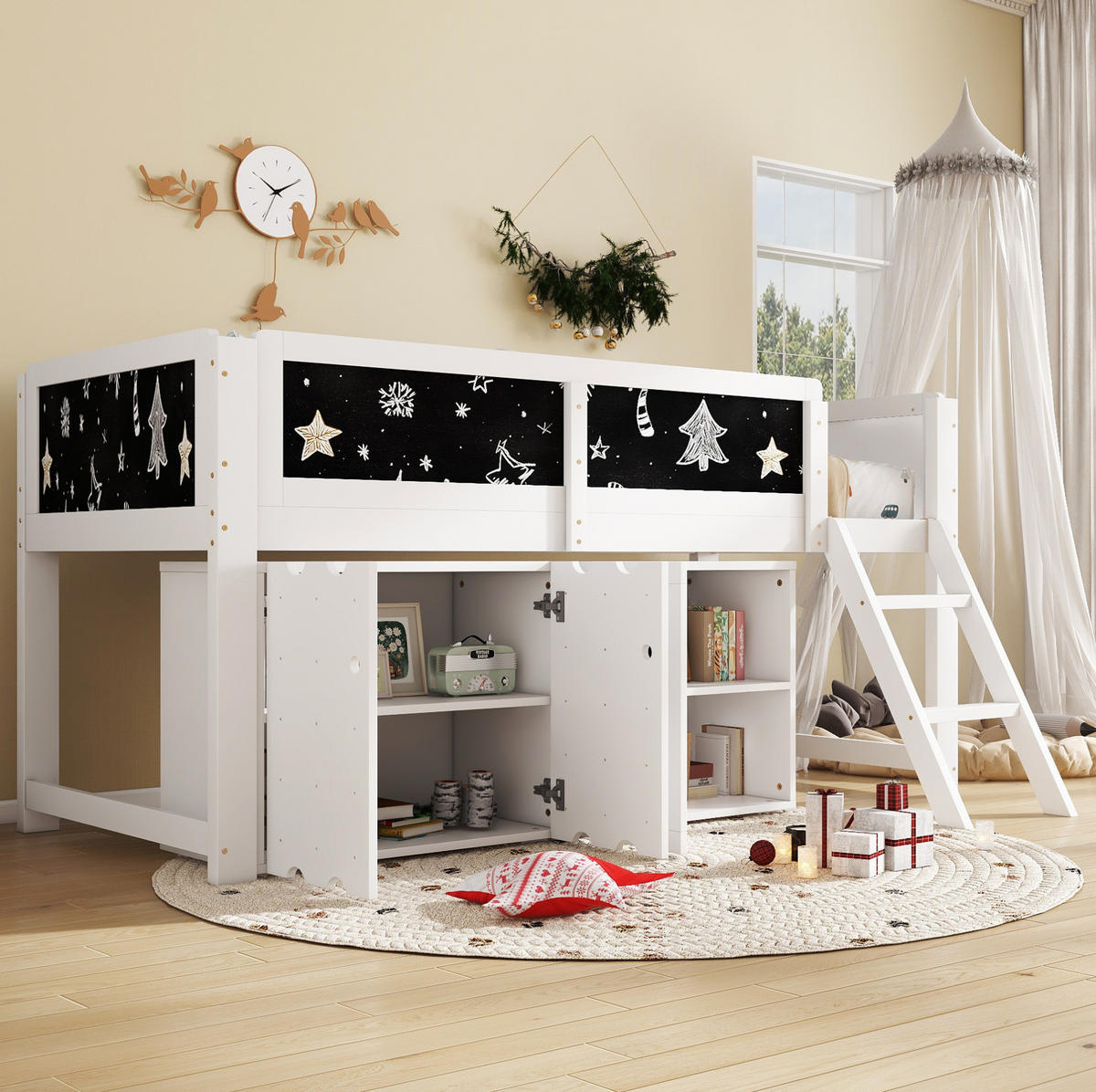 HOCHBETT 90/200 cm in Weiß mit Stauraumschrank und Kreidetafel - Weiß, Holzwerkstoff (90/200cm) - Flora Grace