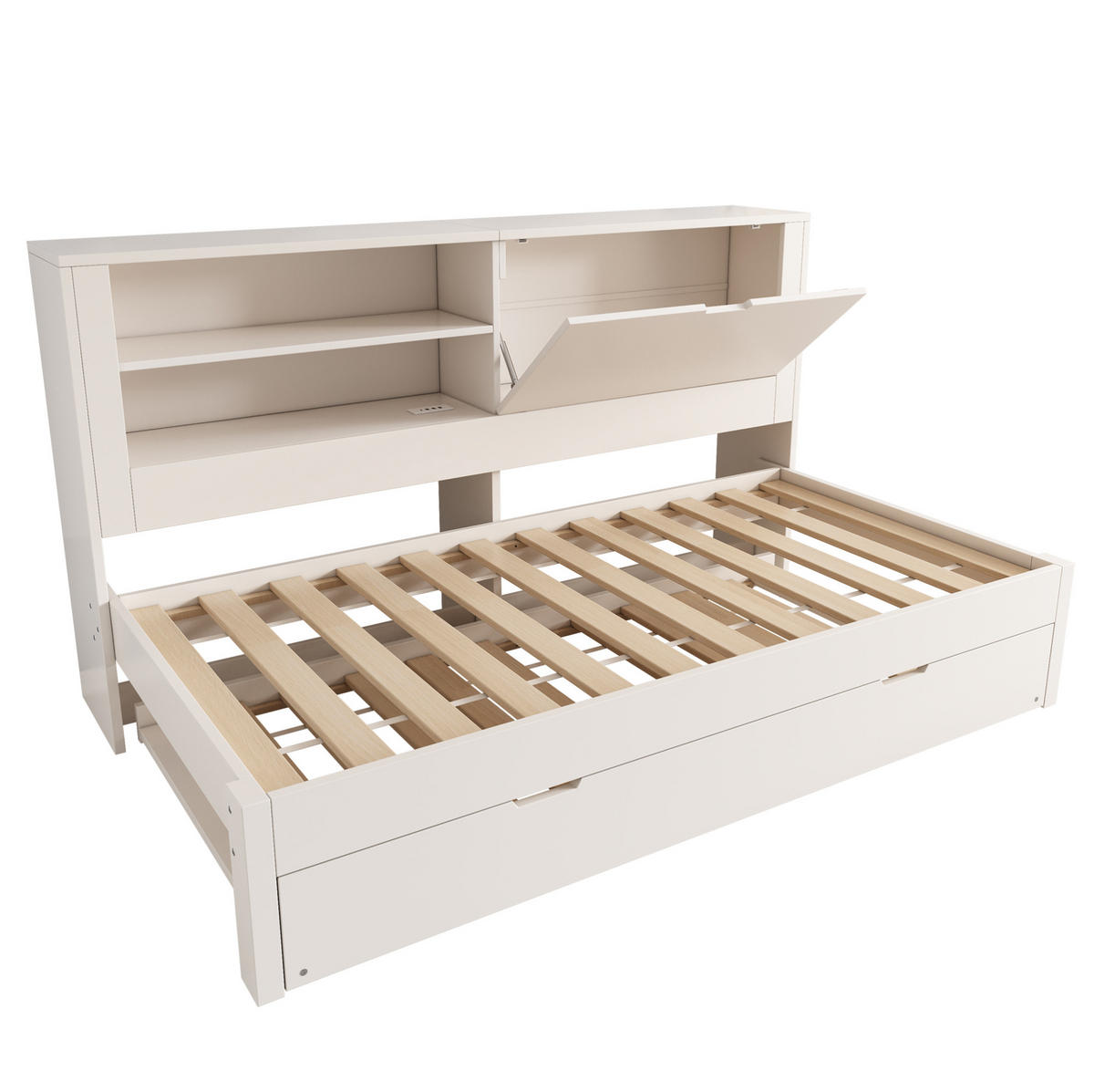 POLSTERBETT 90x200 cm in Weiß mit Ausziehbett & USB-Ladestation - Weiß, Holzwerkstoff (90/200cm) - Modfu