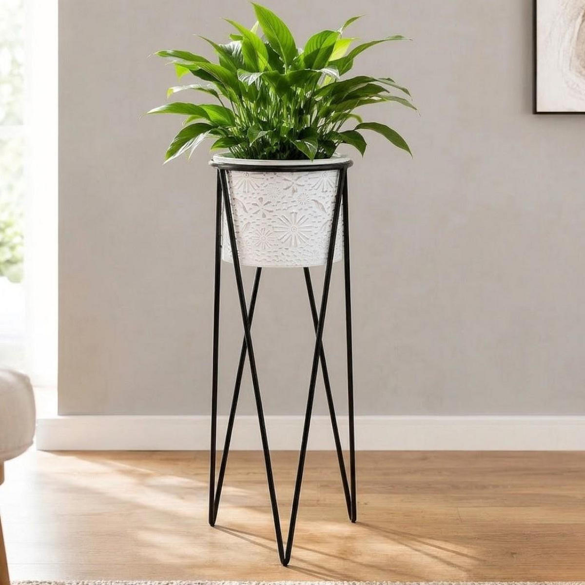 BLUMENHOCKER mit Topf Metall Schwarz/Weiß 28/28/75 cm - Schwarz, Metall (28/75/28cm) - DanDiBo