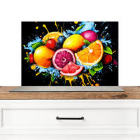 SPRITZSCHUTZ KÜCHE Obst - Graffiti - Bunt - Orange - Erdbeere - Abstrakt 70x50 cm - Orange, Metall (70/0.3/50cm) - MuchoWow