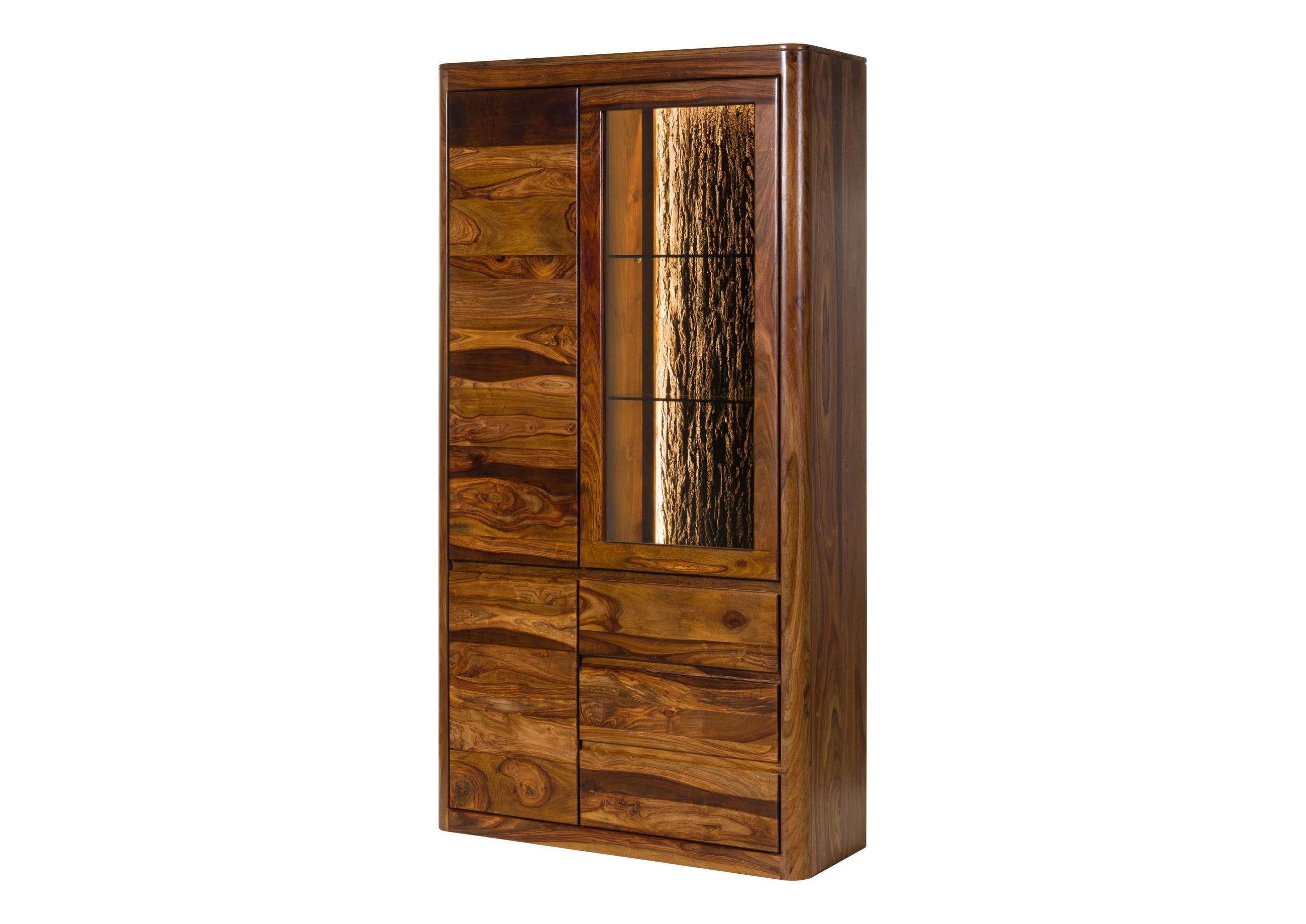 VITRINE Sheesham 109x40x202 walnuss gewachst TORONTO LUX #211 - Dunkelbraun, Holz (109/202/40cm) - Massivmoebel24