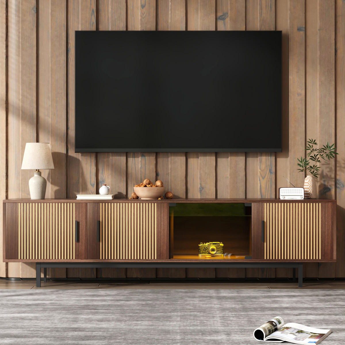TV-SCHRANK in Schwarz und Walnussbraun mit LED-Leiste 200/35/53 cm - Walnussfarben, Holzwerkstoff (200/53/35cm) - Redom