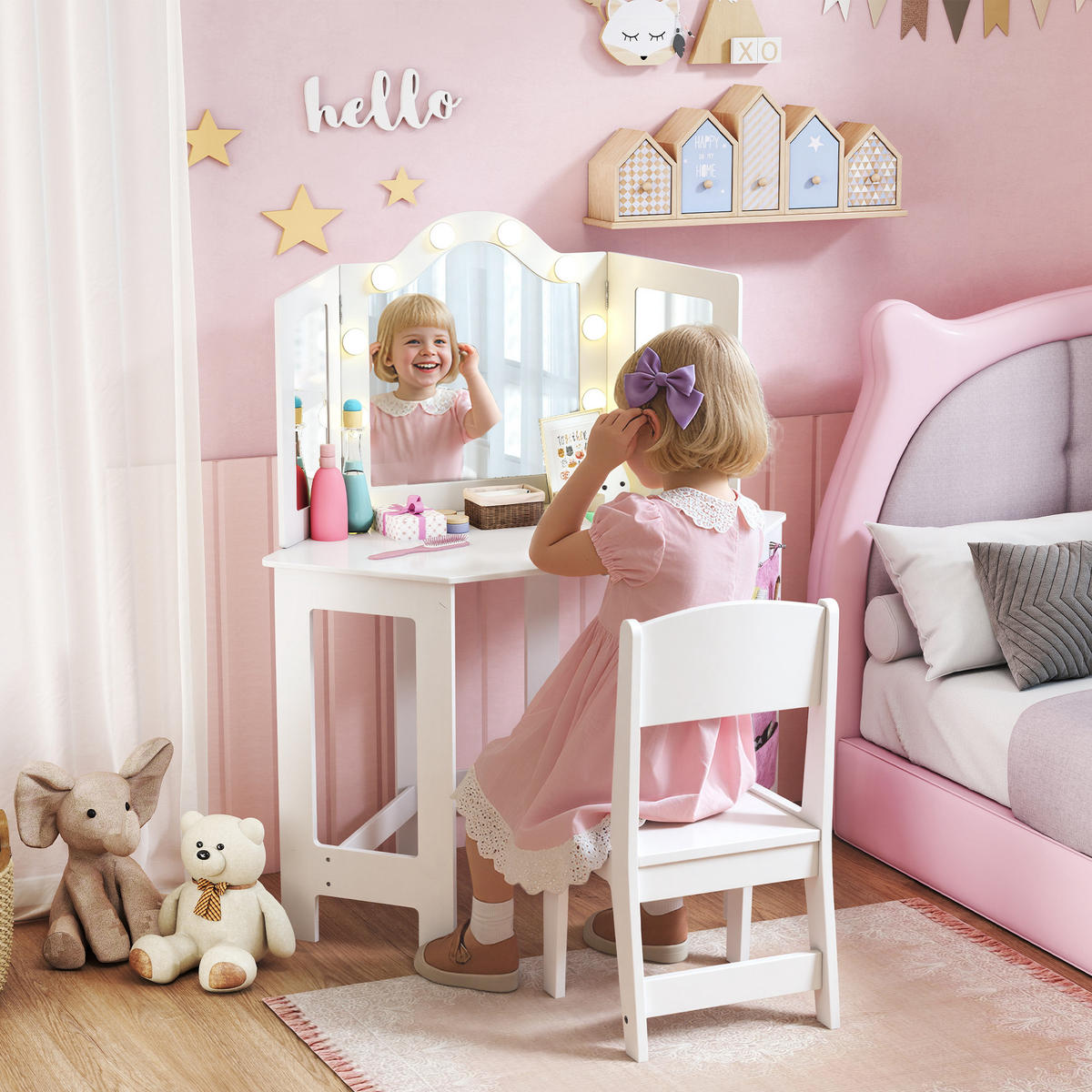 KINDERSCHMINKTISCH DE-18637 2-in-1 mit LED-Triptychonspiegel Weiß - Weiß, Holzwerkstoff (48.5/111.5/93.6cm) - ComfortXL