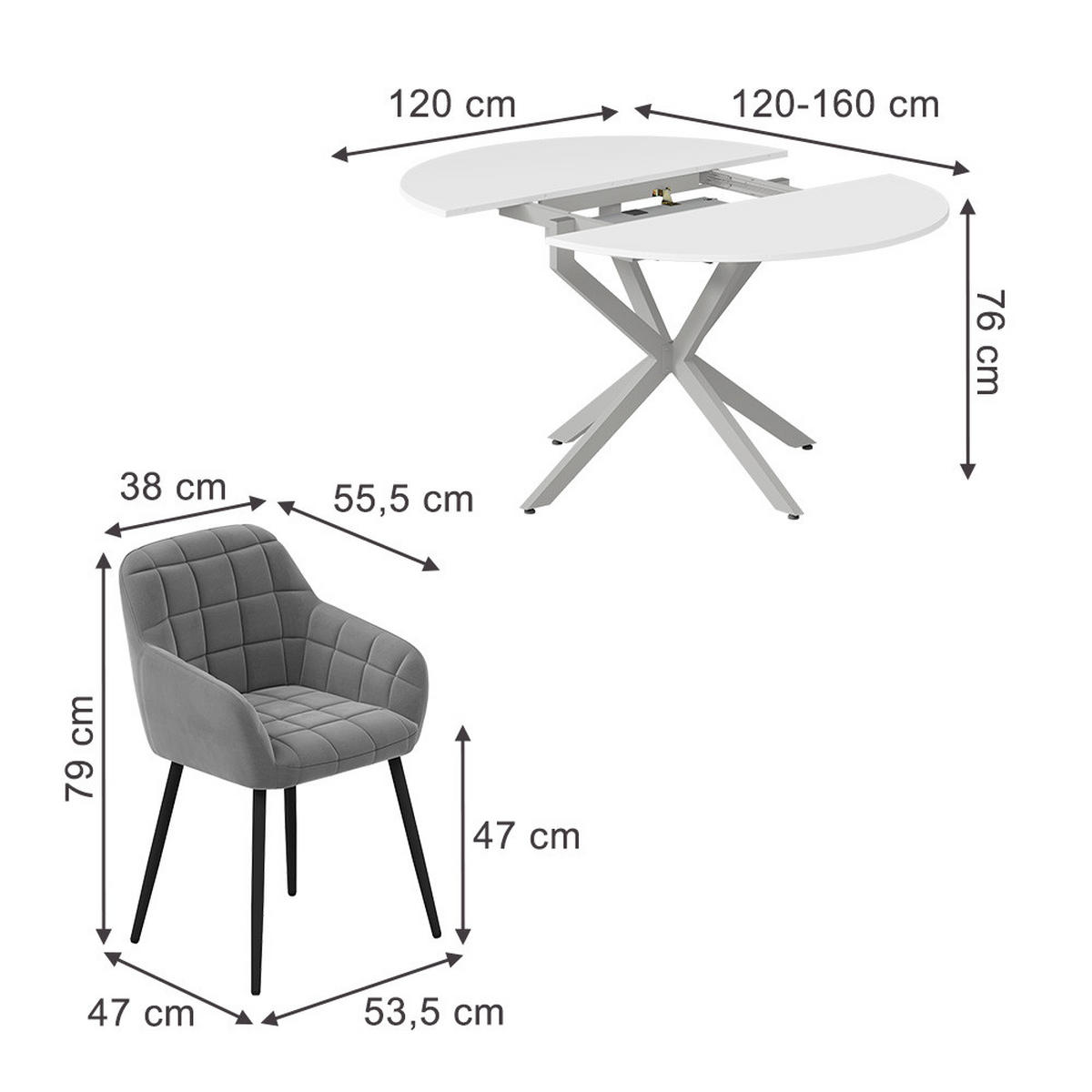 ESSTISCH-SET Loyd, Weiß/Grau, 120 x 120 cm mit 4 Esszimmerstühlen (Grau) - Weiß/Grau, Holzwerkstoff (120/76.5/120cm) - Vicco