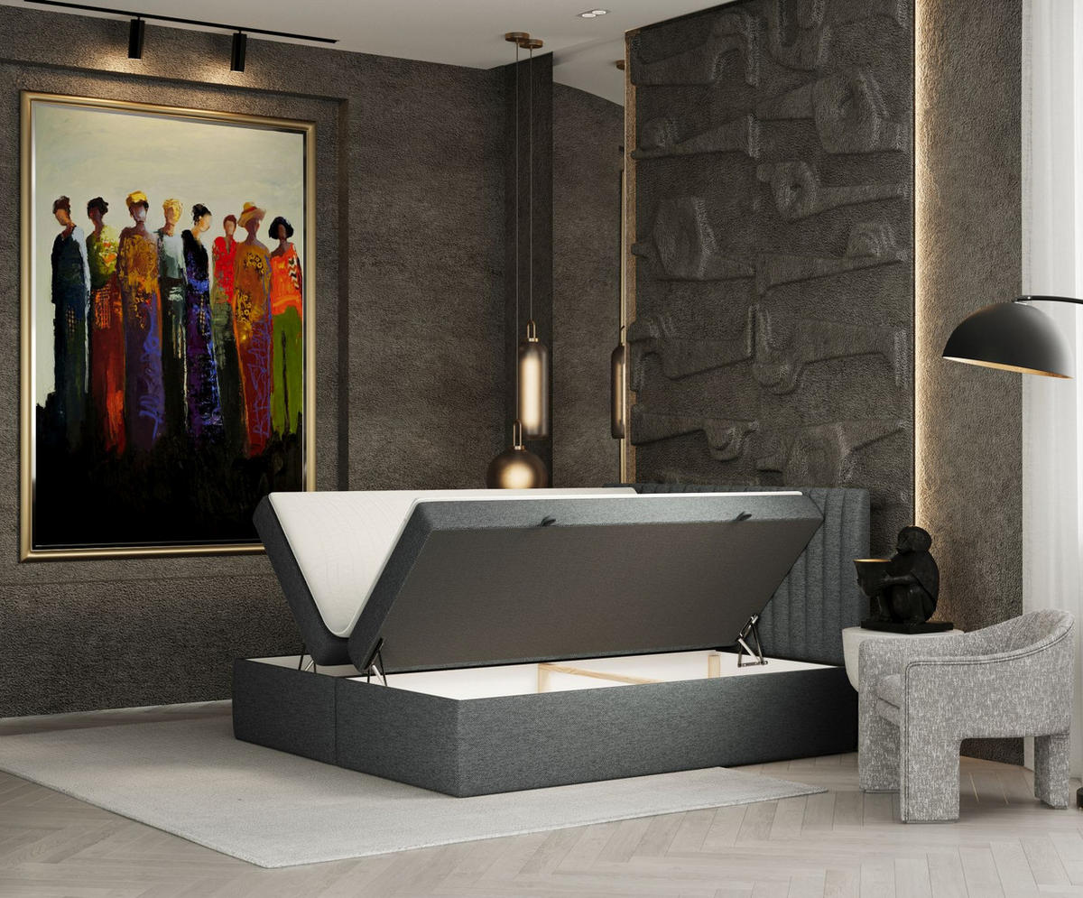 BOXBETT Spencer Anthrazit 140/200 cm mit Matratze und Topper - Anthrazit/Schwarz, Holz/Holzwerkstoff (140/200cm) - Maison de Reve