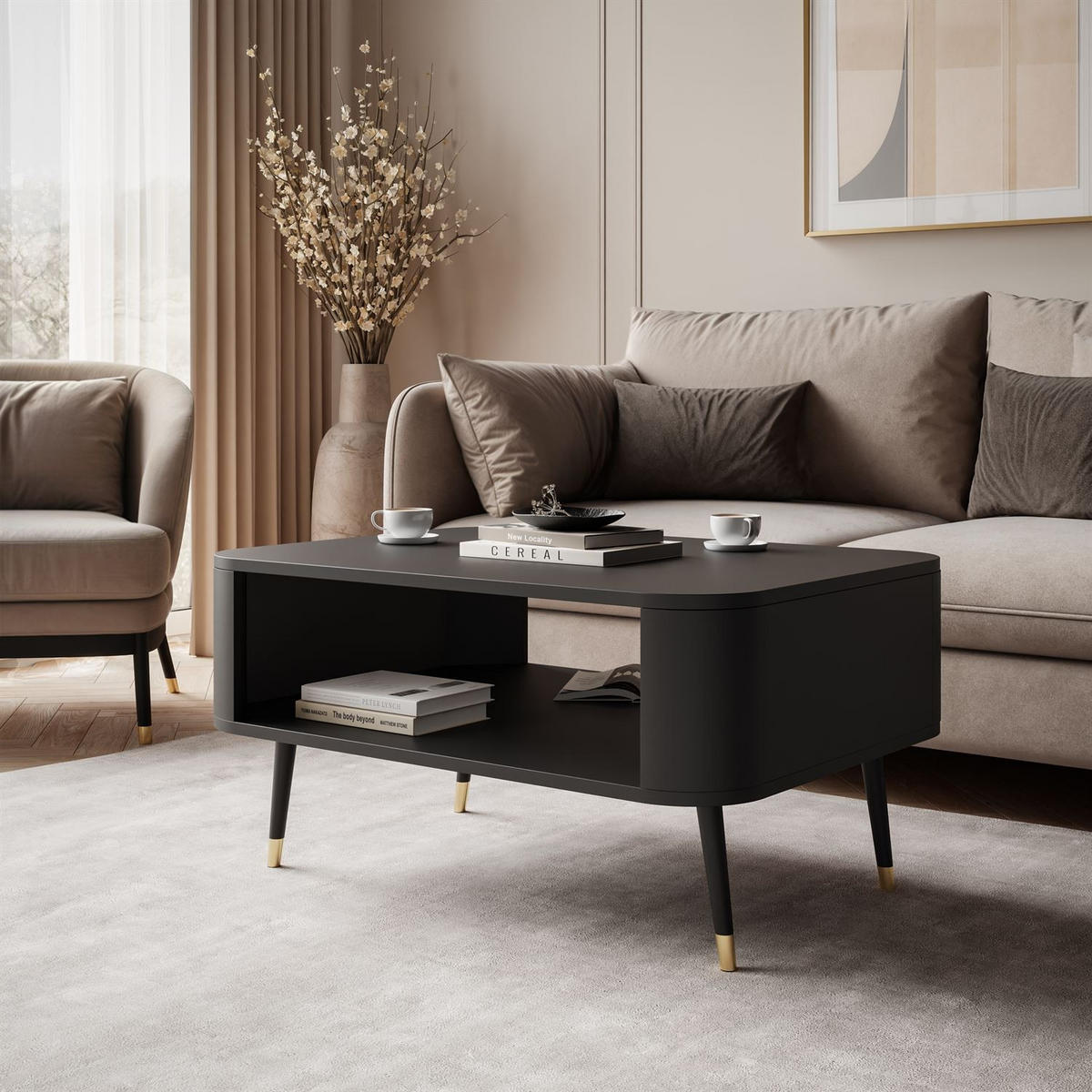 Couchtisch SHADOW mit Ablage unter der Tischplatte - Schwarz, Holzwerkstoff (60/80/42cm) - Lookway