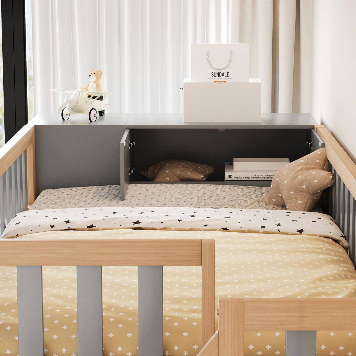 HOCHBETT 90/200 cm in Grau & Natur Kinderbett mit Regalen, Kleiderschrank und Schubladen - Naturfarben/Grau, Holz/Holzwerkstoff (90/200cm) - STILVORA