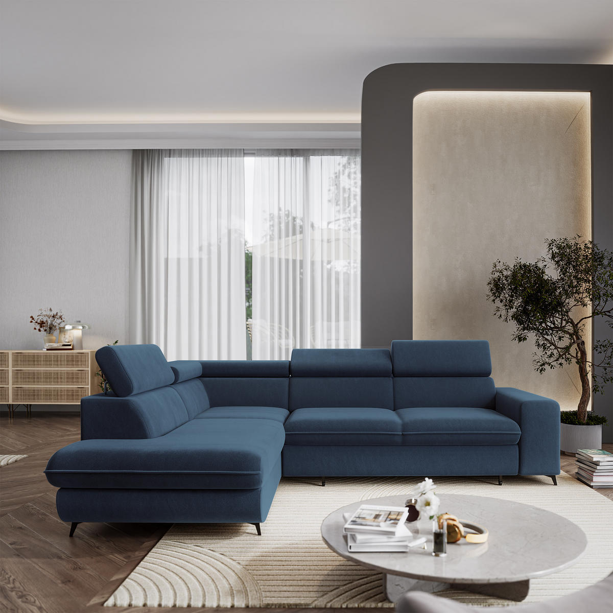 ECKSOFA VELISS Blau Veloursstoff mit Schlaffunktion - Blau, Holz (255/193cm) - MASSENO