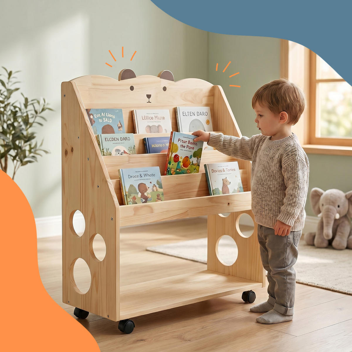 BÜCHERREGAL Natur Kinder auf Rollen mit Kreidetafel - Hellbraun, Holz/Kunststoff (70/85/29.5cm) - Relaxdays