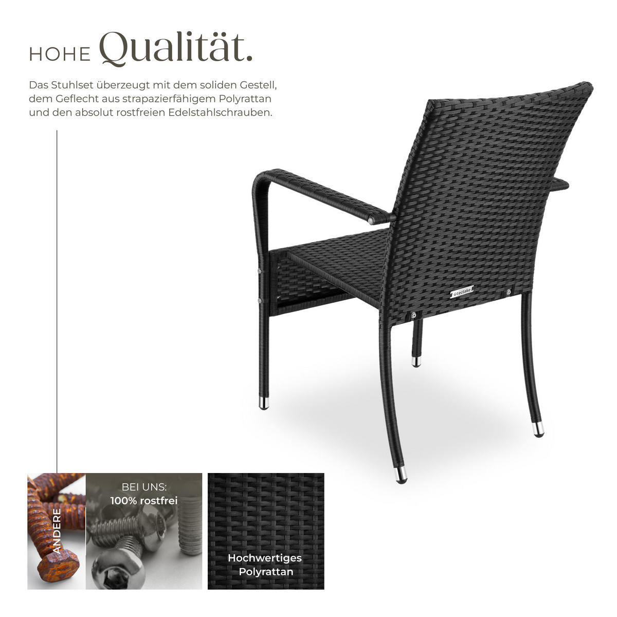 RATTANSTUHL 2er Set Girona,58 x 67 x 90 cm, Belastbarkeit 120 kg,schwarz - Schwarz, Kunststoff (58/90/67cm) - tectake
