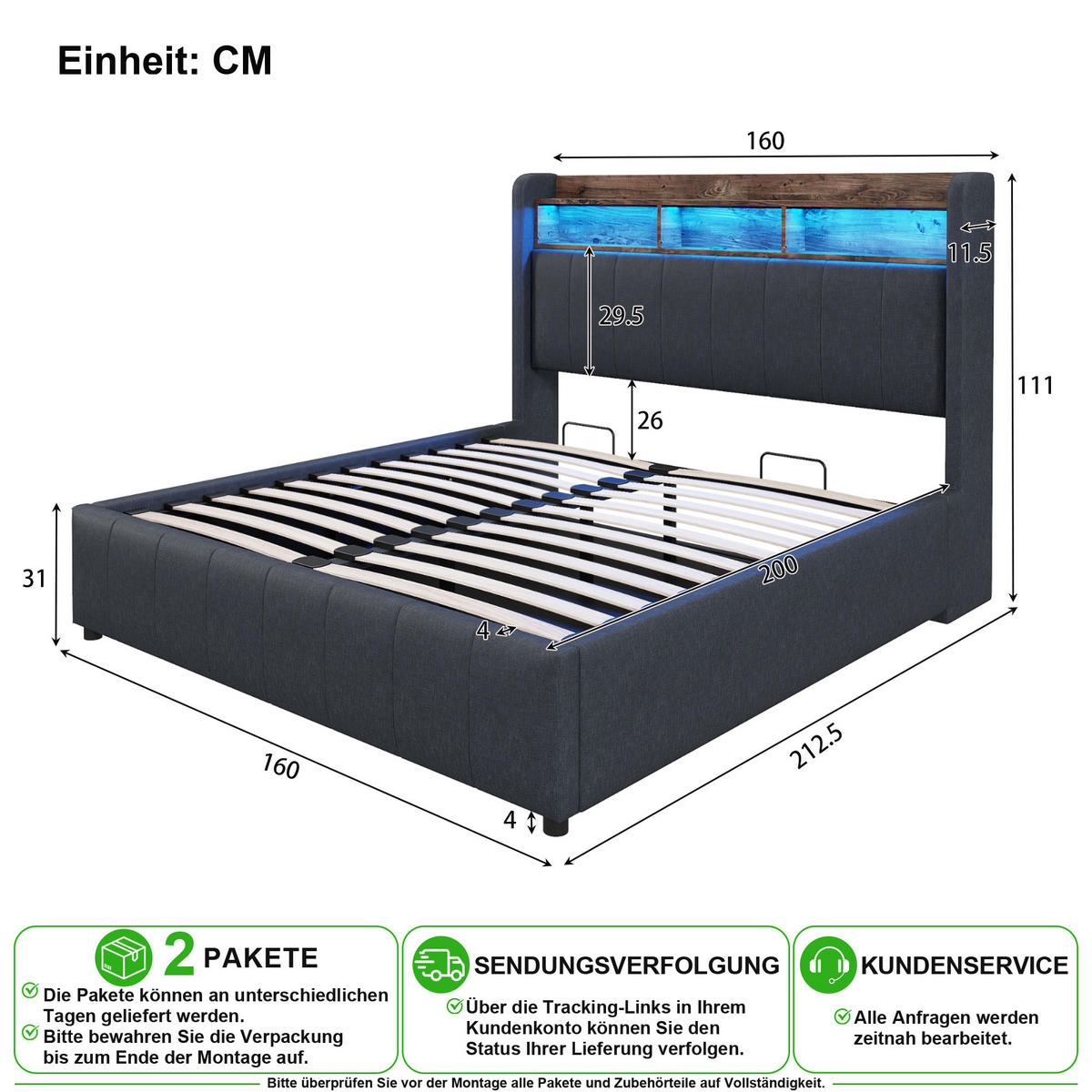 POLSTERBETT 160/200 cm in Grau mit LED, USB, Type-C und Bettkasten Leinenstoff - Grau, Holzwerkstoff/Textil (160/200cm) - CHICFURN
