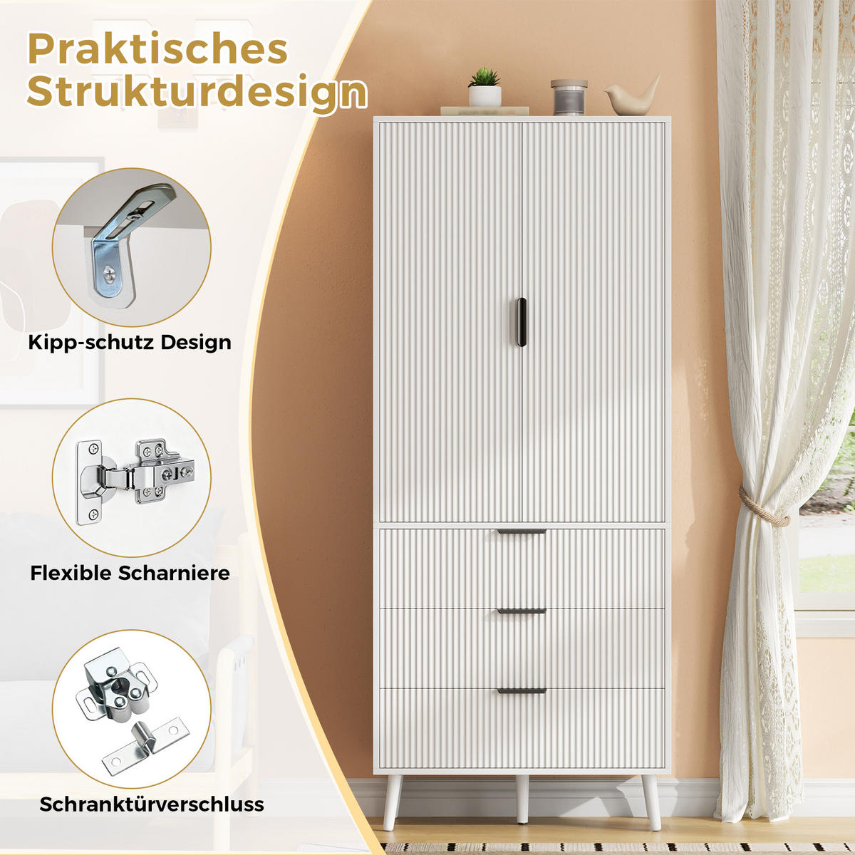 HIGHBOARD DE-38756 75/35/180 cm 2 Türen und 3 Schubladen Weiß - Weiß, Holzwerkstoff (75/180/35cm) - ComfortXL