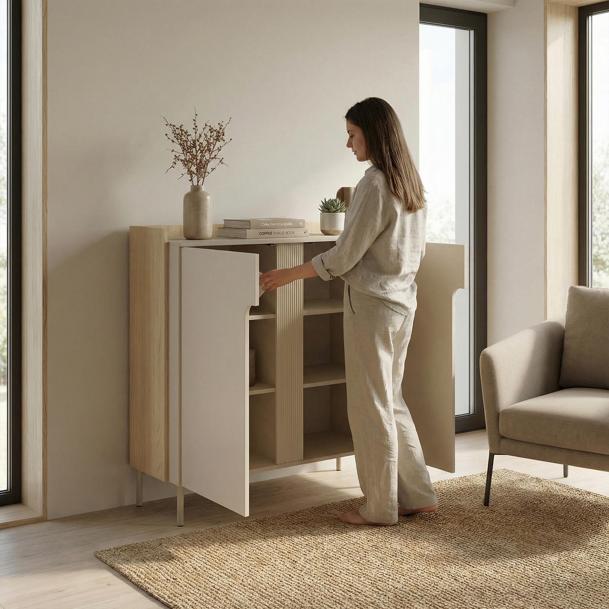 KOMMODE Positivo, Hochkommode mit 2 Türen, 103 cm, Mavelie-Eiche + Macadamia - Eichefarben, Holzwerkstoff (103/110/42cm) - Beautysofa