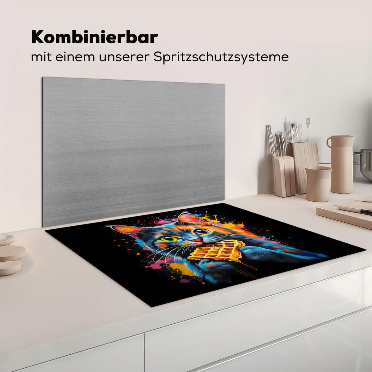 HERDABDECKPLATTE Katze - Graffiti - Bunt - Waffel - Essen Induktionsmatte 77x59 cm - Multicolor, Kunststoff (77/59/0.2cm) - MuchoWow