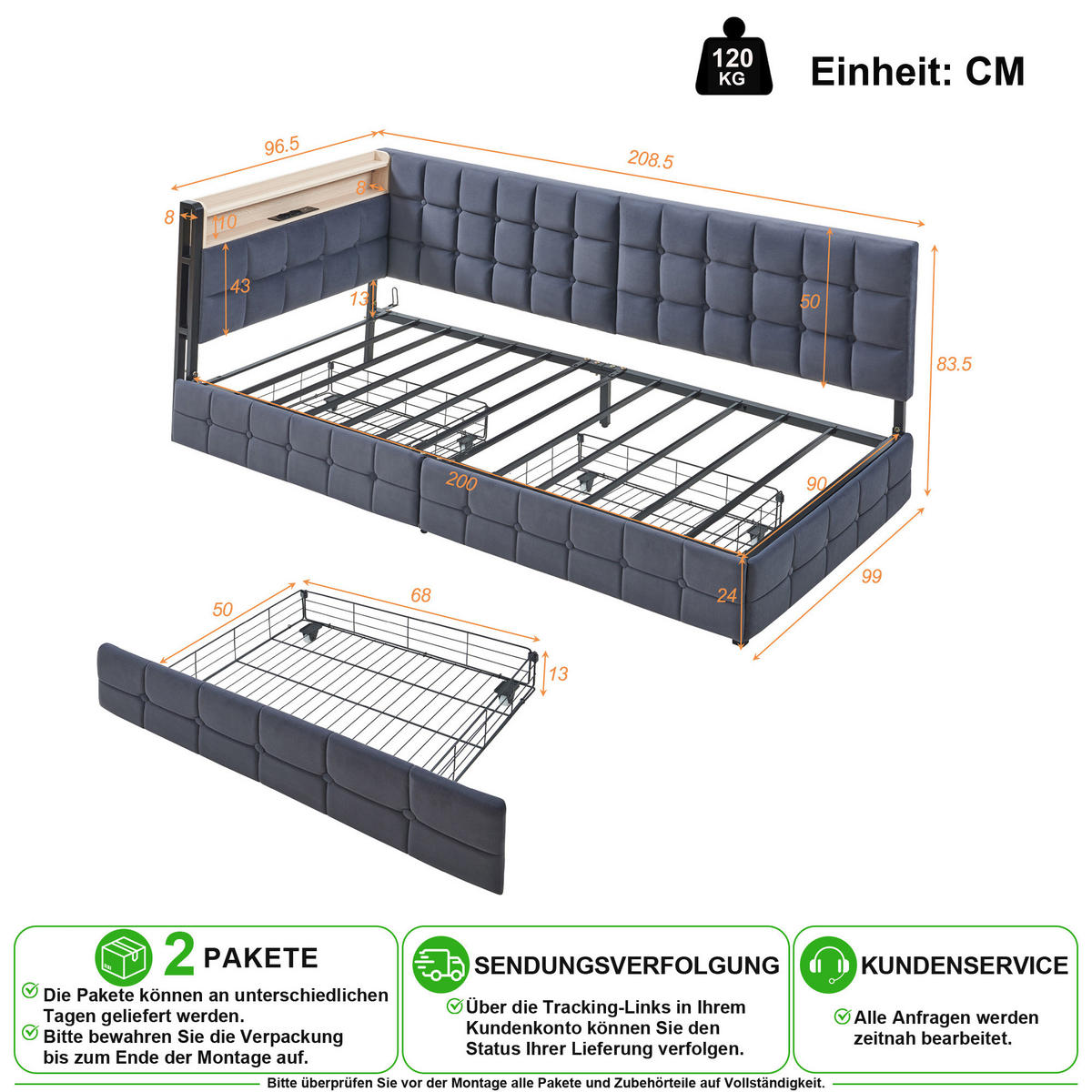 SCHLAFSOFA 90/200 cm in Grau mit 2 Schubladen, LED und USB/Type-C Stoff - Dunkelgrau, Holzwerkstoff/Textil (90/200cm) - CHICFURN