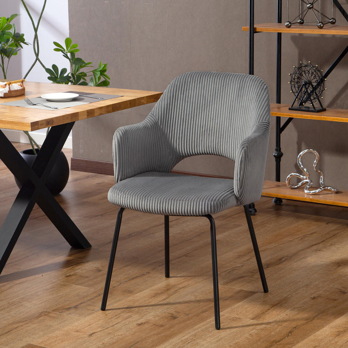 ESSZIMMERSTUHL mit Armlehne Rückenlehne gepolsterte Sitzfäche Grau - Schwarz/Grau, Textil/Metall (57/85.5/62.5cm) - HOMCOM