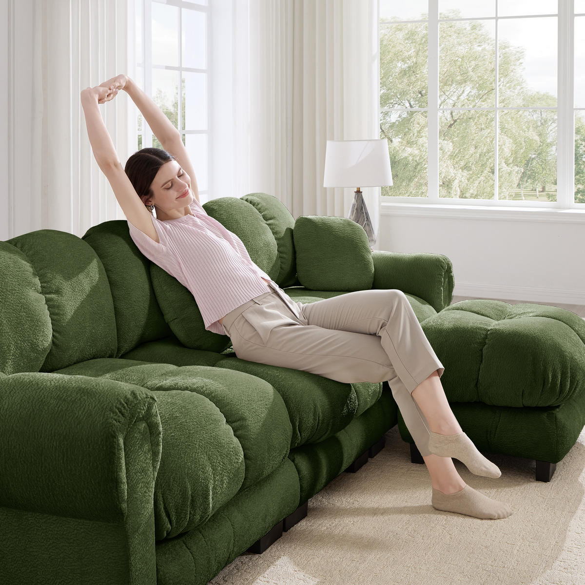 SOFA modulares Ecksofa mit Ottomane Grün Chenille - Grün, Holz (149/330cm) - Meubliv