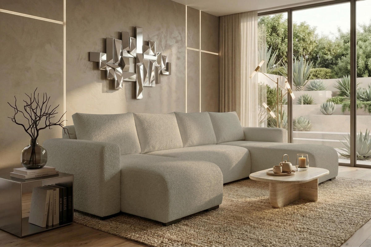 WOHNLANDSCHAFT DORA U mit Bettkasten und Schlaffunktion, U-Form, bequem - Hellbraun, Textil (305/85/140cm) - Storez24