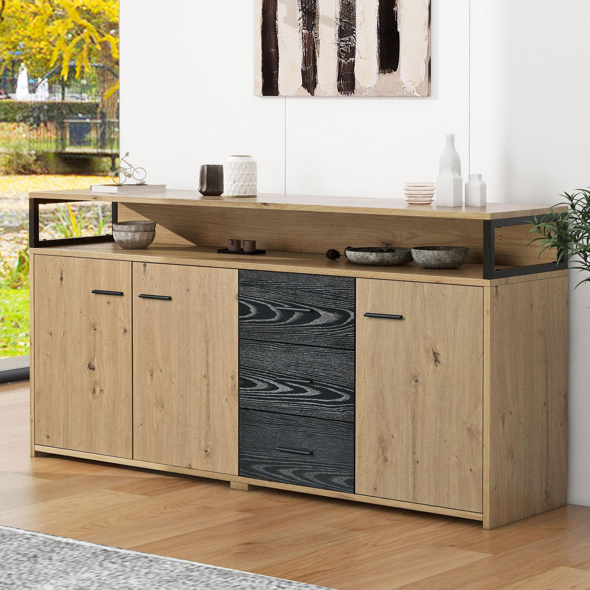SIDEBOARD 150/35/75,9 cm schwarz-braun aus Spanplatte mit 3 Türen und 3 Schubladen - Rotbraun, Holzwerkstoff (150/75.9/35cm) - OKWISH
