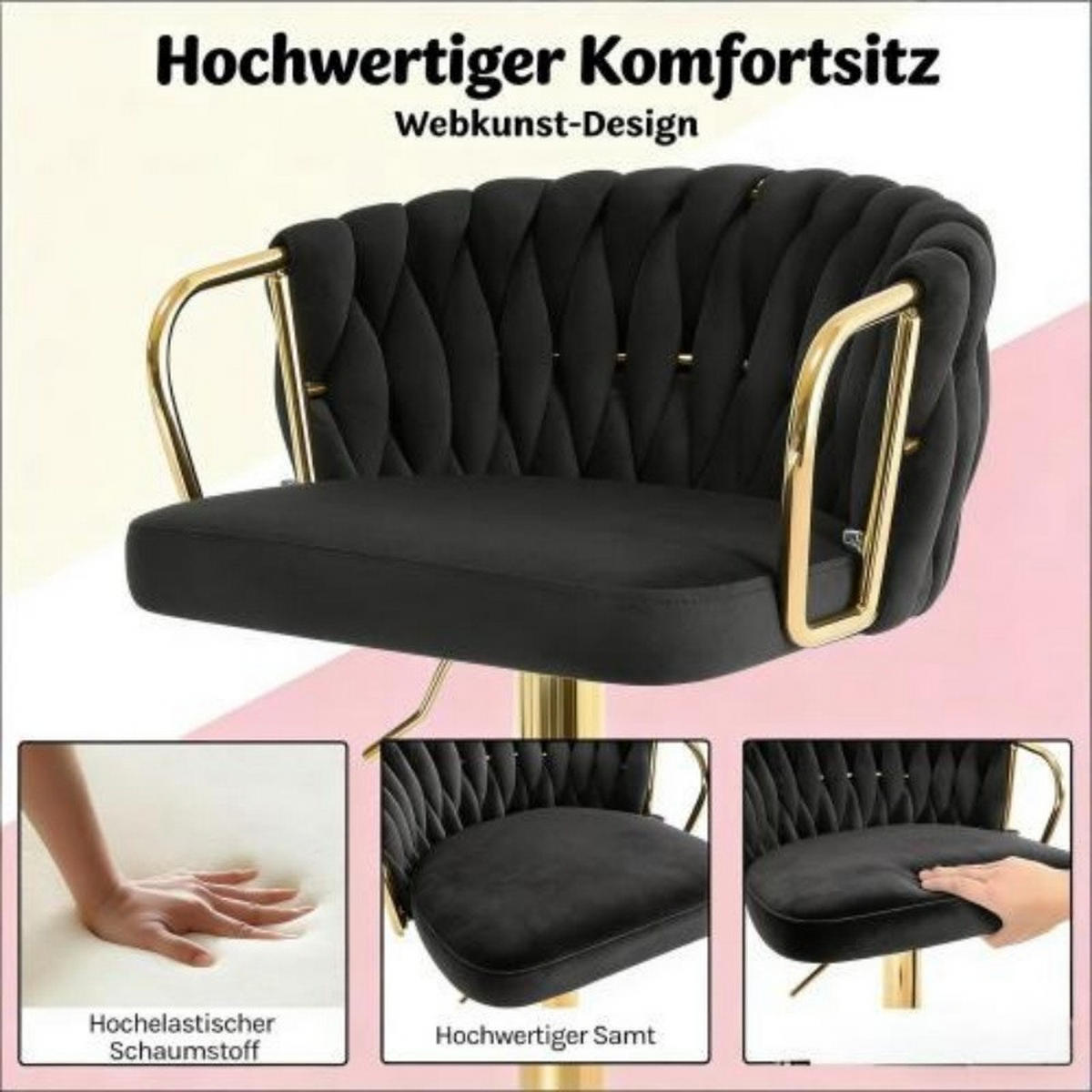 BARHOCKER höhenverstellbar 49,5 x 50,5 x 98 cm Samt Schwarz 2er-Set - Schwarz, Metall (49.5/98/50.51cm) - Meubliv