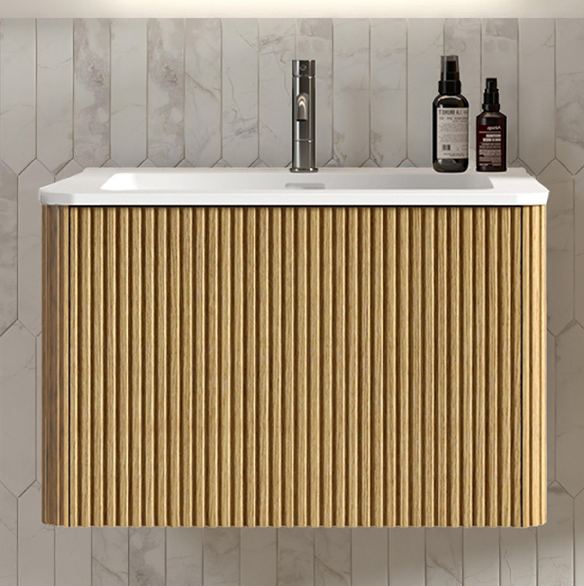 WASCHTISCHKOMBI mit Unterschrank 61/46,5/37 cm eichefarben aus MDF, Sperrholz und Mineralguss mit Push-to-Open - Eichefarben, Holzwerkstoff (61/37/46.5cm) - OKWISH