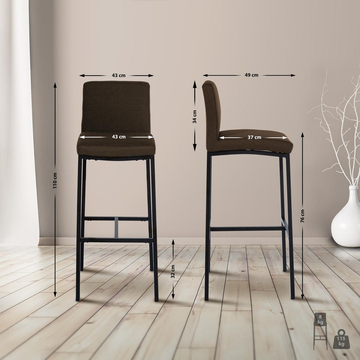 BARHOCKER Stoff Braun - Schwarz/Braun, Textil/Metall (43/110/49cm) - CLP