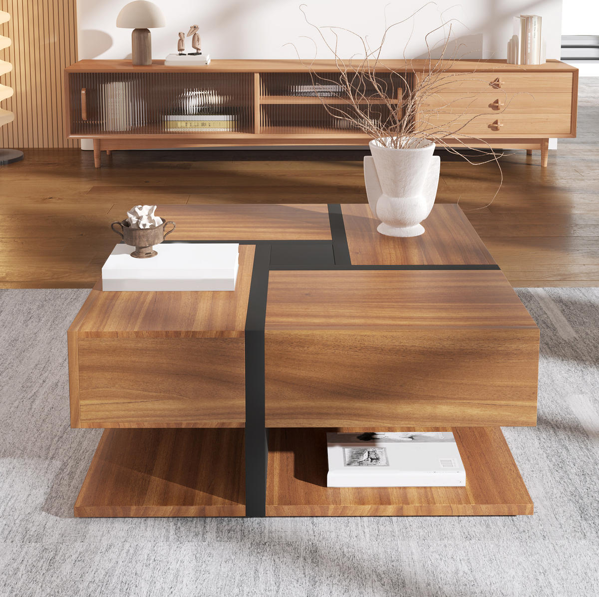 COUCHTISCH mit 4 Schubladen 78x78 cm Schwarz und Holzoptik - Braun, Holzwerkstoff (78/78/36cm) - Meubliv
