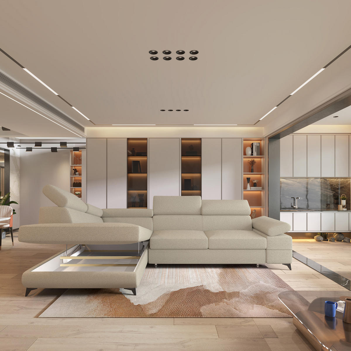 ECKSOFA FAVIEN L-S Beige Boucle-Stoff mit Schlaffunktion - Beige, Holz (257/190cm) - MASSENO