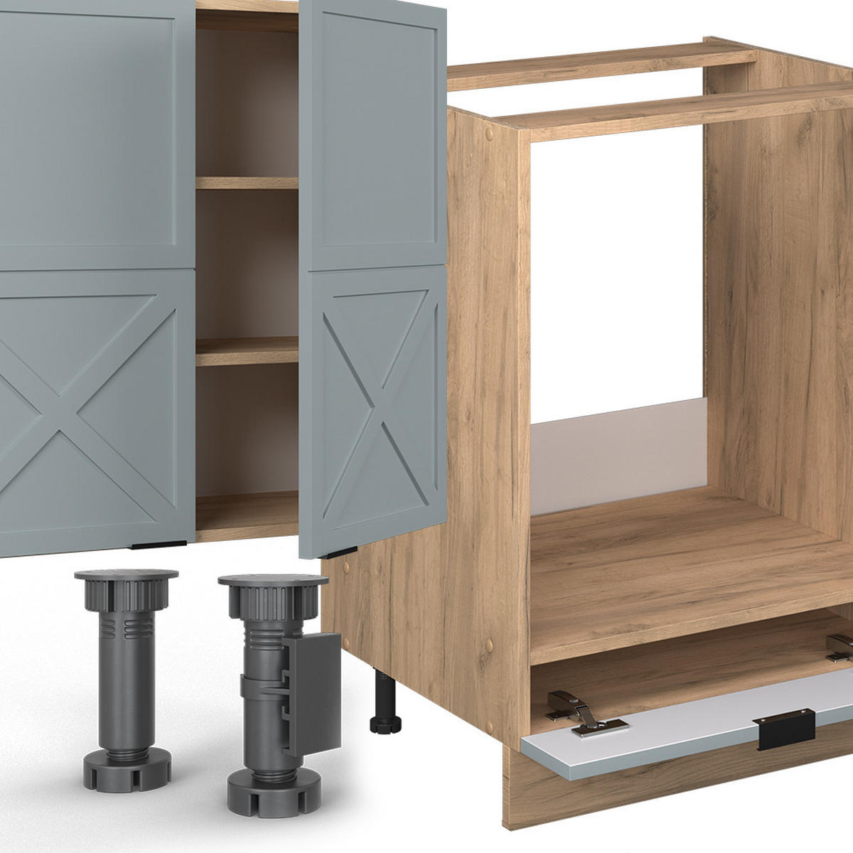 KÜCHENZEILE Fame-Line Hellblau-grau/Goldkraft Eiche 355 cm ohne AP - Honigeiche/Hellblau, Holzwerkstoff (355/81.6/46cm) - Vicco