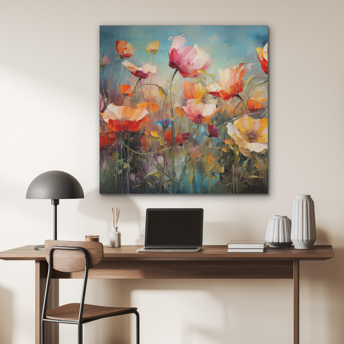 AKUSTIKPANEEL Blumen - Aquarell - Kunst - Botanisch - Natur 90x90 cm - Orange, Textil (90/0.9/90cm) - MuchoWow
