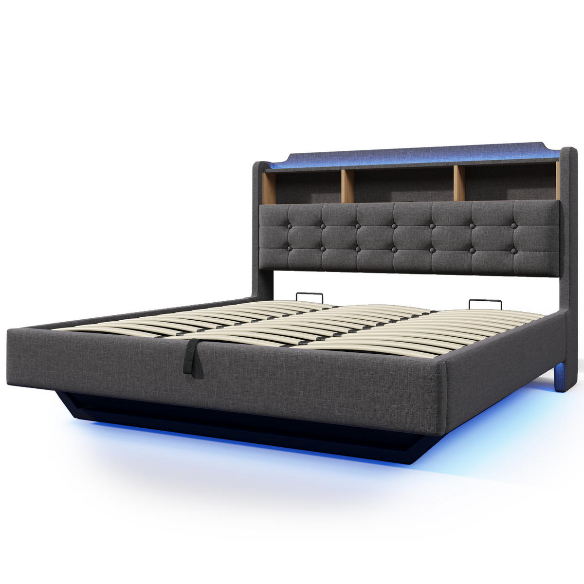 POLSTERBETT 180/200 cm in Grau mit Stauraum, LED, USB- und Type-C-Anschlüssen, Leinenbezug und schwebendem Design - Grau, Holzwerkstoff/Textil (180/200cm) - STILVORA