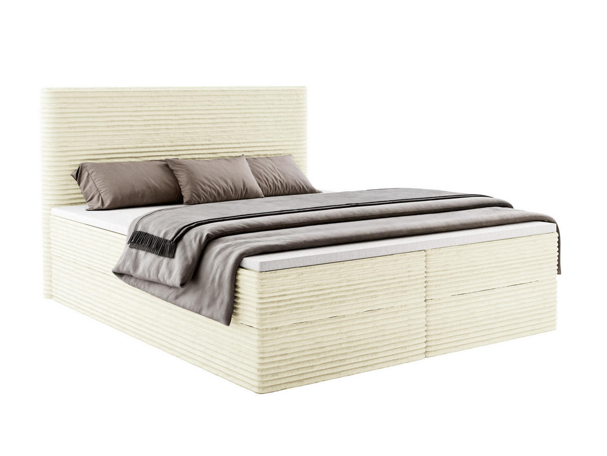 BOXBETT RAVENO mit Bettkasten 160x200 cm inkl. Bonell-Federkernmatratze H3 und Topper – Polsterbett Stoff ASTI Creme - Creme, Textil (160/200cm) - Luxkor24