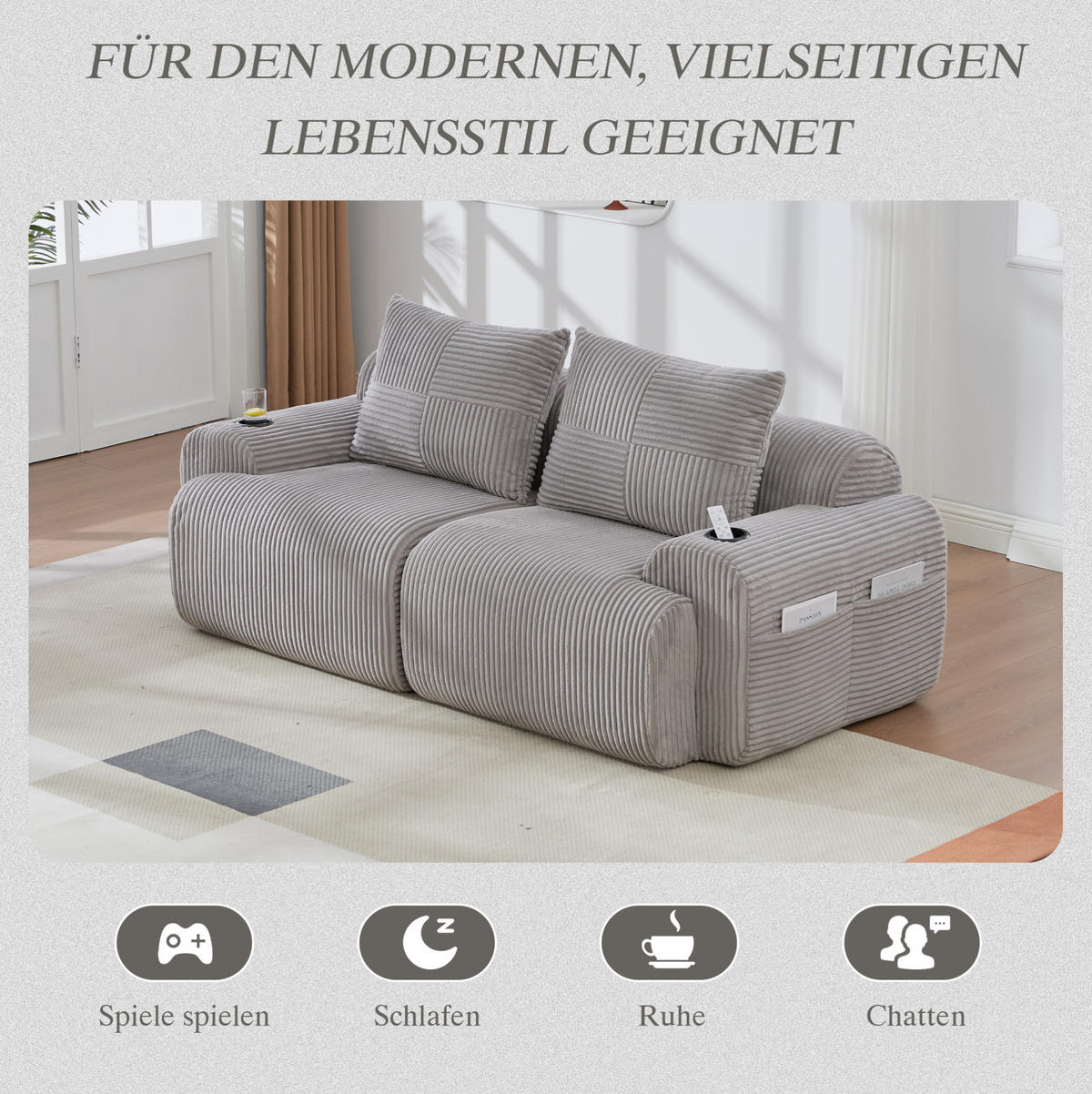 DVOJSEDAČKA 200/99/80 cm světle šedá z kordurové látky s držákem na nápoje a kapsou - světle šedá, textil (99/80/200cm) - OKWISH