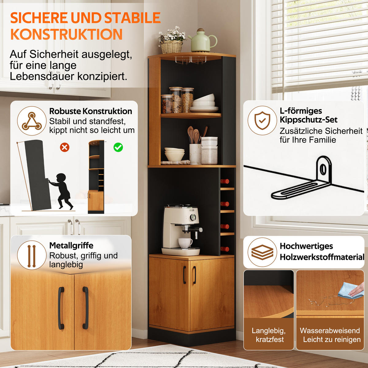 HIGHBOARD DE-38705 40/40/182 cm Weinglasregal und 4 Weinfächer Schwarz - Schwarz, Holzwerkstoff (40/182/40cm) - ComfortXL