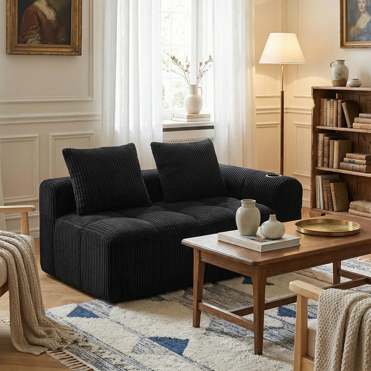 CHAISELONGUE in Cord Übergroßer Relaxsessel mit Seitentaschen - Schwarz, Textil (158/61/93cm) - Urban Meuble