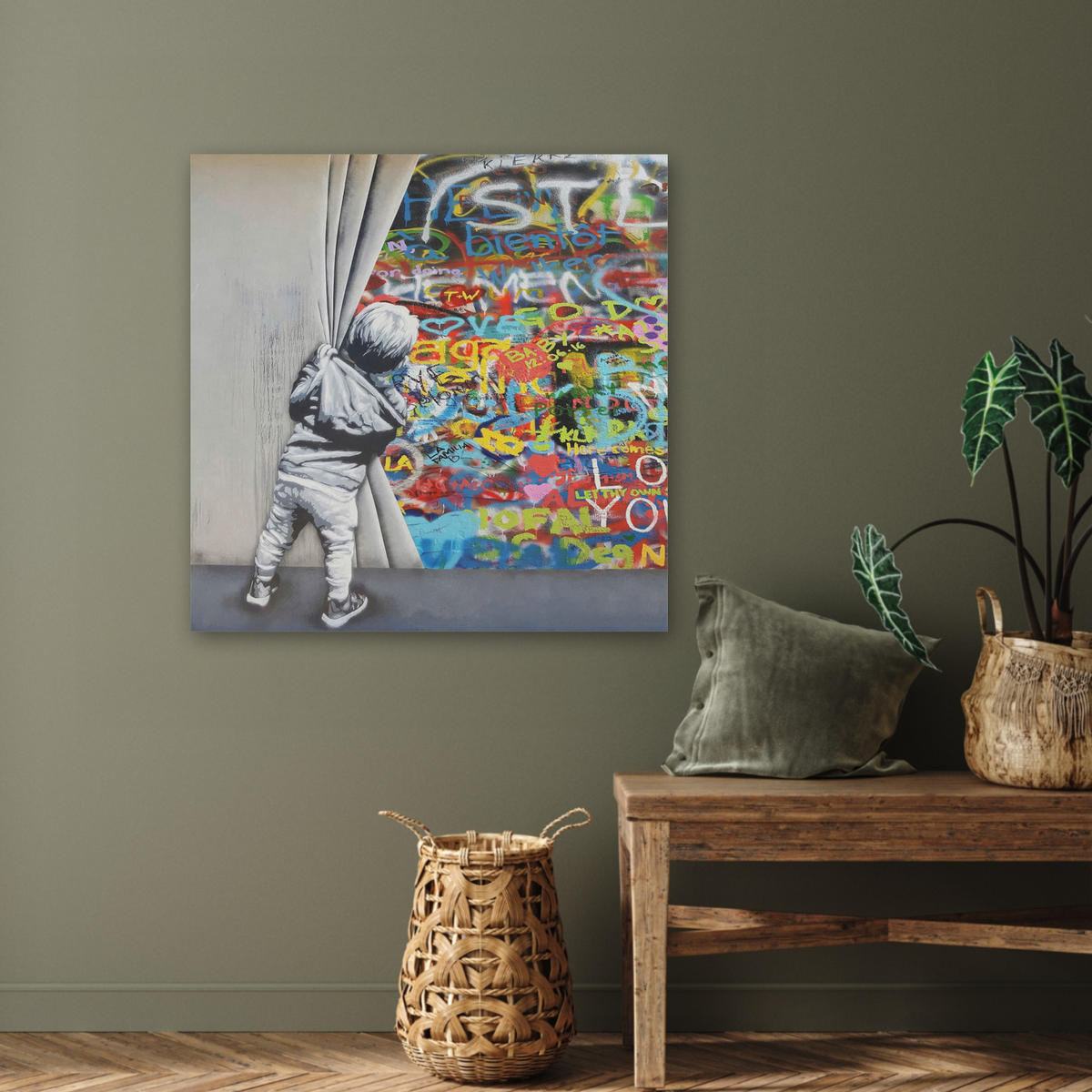 AKUSTIKBILD Graffiti - Junge - Ilussie - Straßenkunst Akustikpaneele 80x80 cm - Hellgrau, Kunststoff (80/80/0.9cm) - MuchoWow