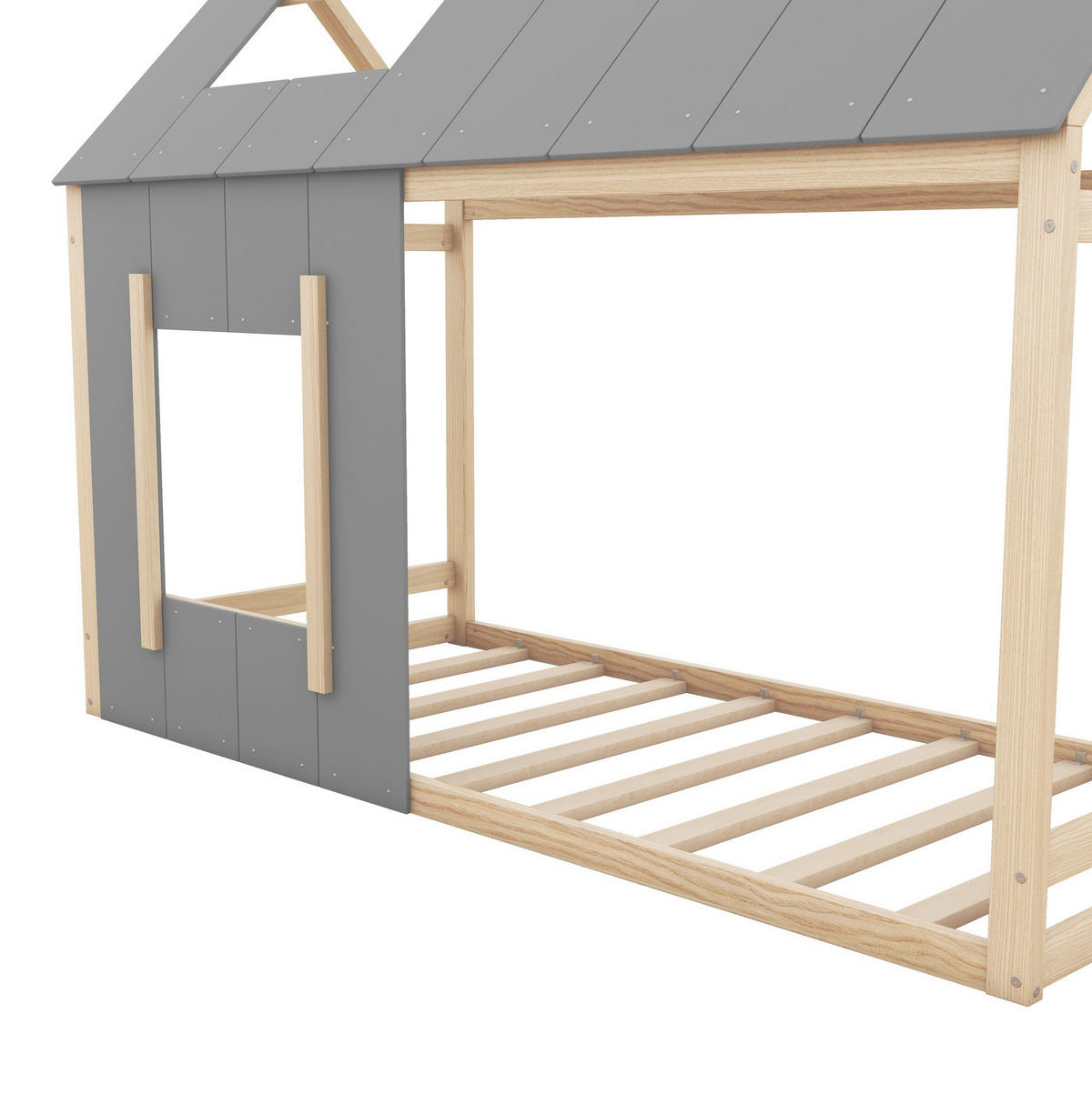 HAUSBETT 90/200 cm Natur/Grau aus Kiefernholz und MDF mit Haus-Design - Naturfarben, Holz (90/200cm) - OKMYHOME