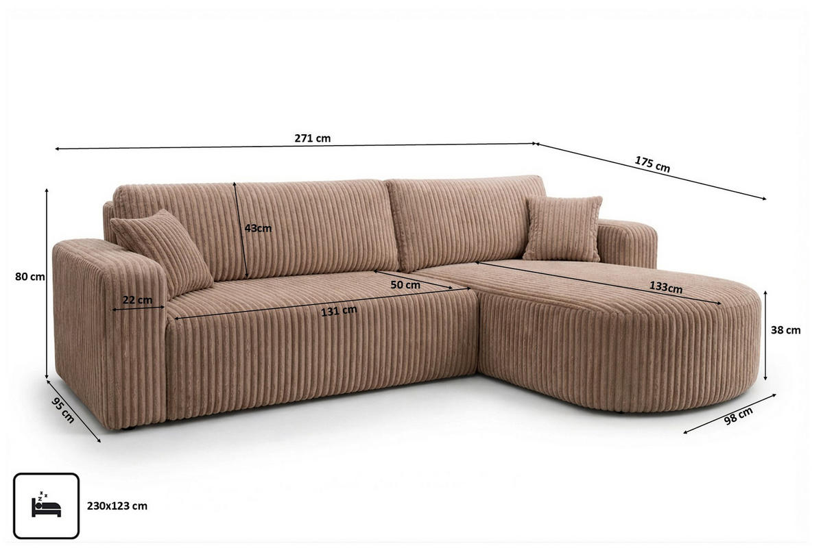 ECKSOFA Mit Schlaffunktion, Cordstoff Tilia, Braun, Rechts, ROUND ONE XL - Braun, Holz (271/175cm) - Kaiser Möbel