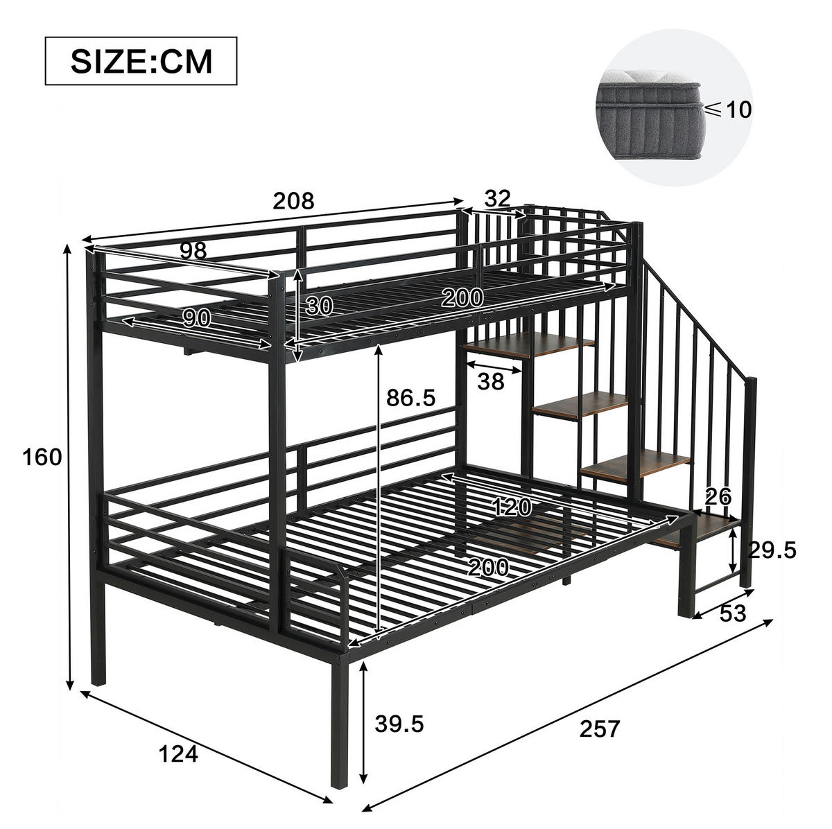 ETAGENBETT 90/120x200 cm aus Metall und MDF mit Eckleiter, Stauraum und Sicherheitsgeländern, Schwarz/Vintage-Holzfarbe - Schwarz, Holzwerkstoff (90/200cm) - Redom