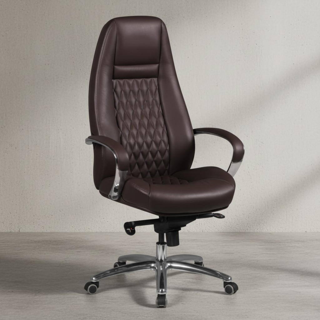 CHEFSESSEL Echtleder mit Aluminiumfußkreuz und ergonomischer Sitzform MADRID, Braun 70x68x130 cm - Silberfarben/Braun, Leder/Metall (70/130/68cm) - KADIMA DESIGN