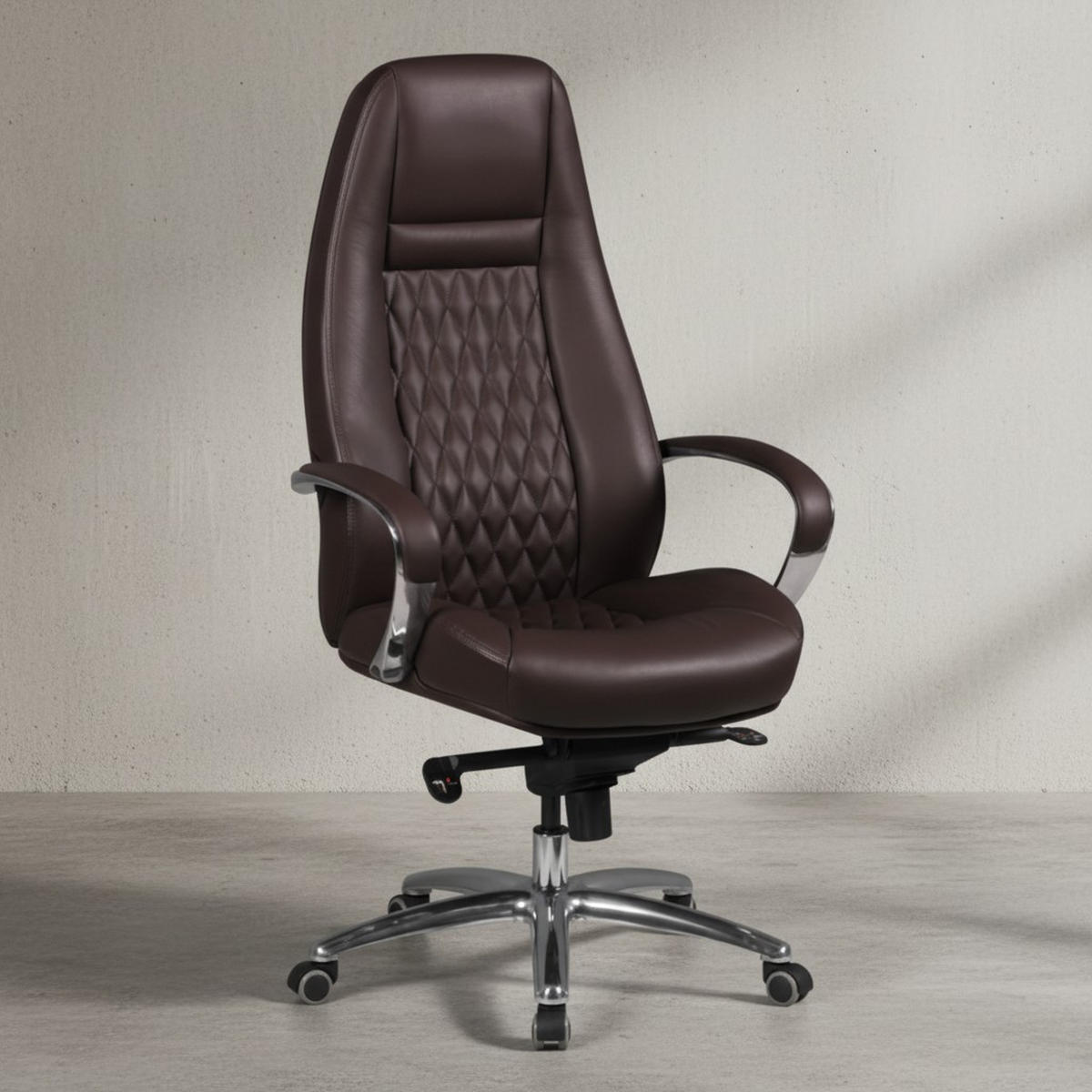 CHEFSESSEL Echtleder mit Aluminiumfußkreuz und ergonomischer Sitzform MADRID, Braun 70x68x130 cm - Silberfarben/Braun, Leder/Metall (70/130/68cm) - KADIMA DESIGN