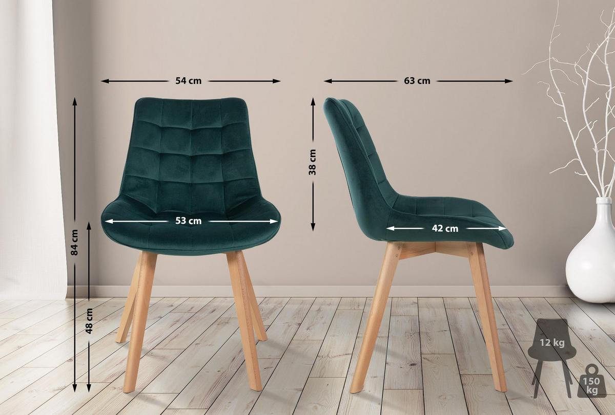 STUHL 2er Set Samt grün - Eukalyptusholzfarben/Grün, Holz/Textil (54/84/63cm) - CLP