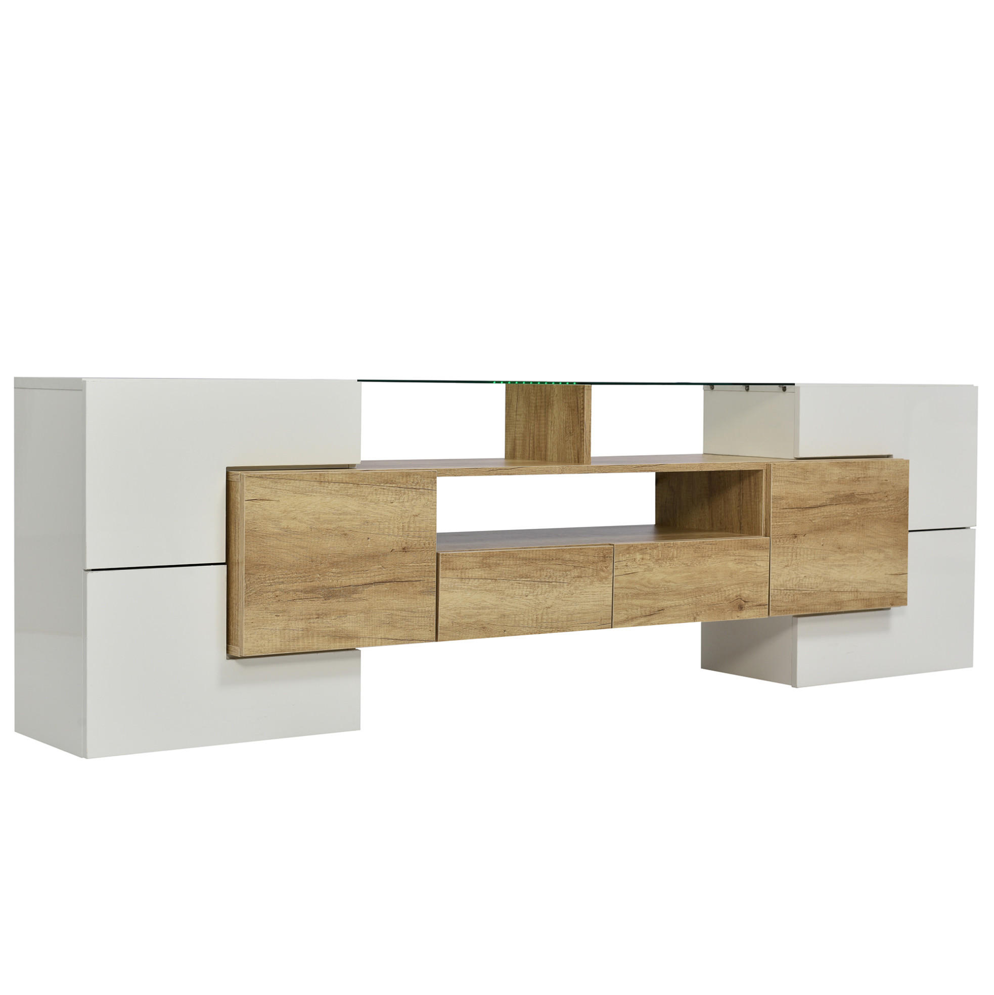 LOWBOARD 200/35/60 cm in Natur und Hochglanzweiß aus MDF mit LED-Beleuchtung - Weiß, Holzwerkstoff (30/60/200cm) - OKMYHOME