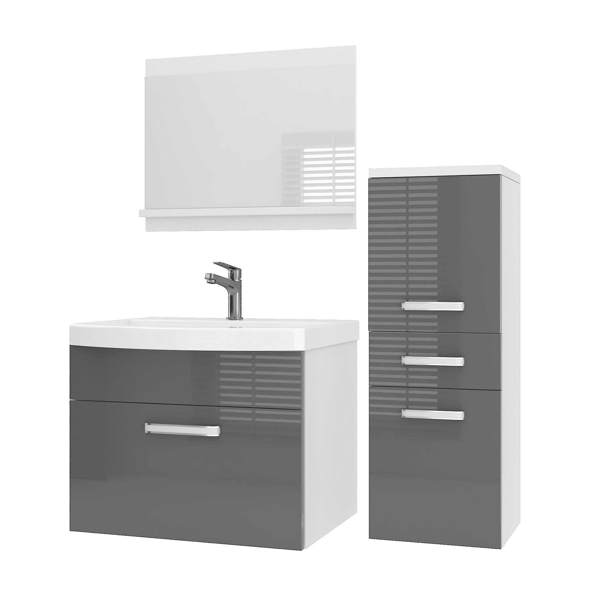BADMÖBEL Badezimmer SET PRI P2, Grau Hochglanz, 90 cm - Hellgrau, Holz (38.7/81/90cm) - B BELINI GROUP