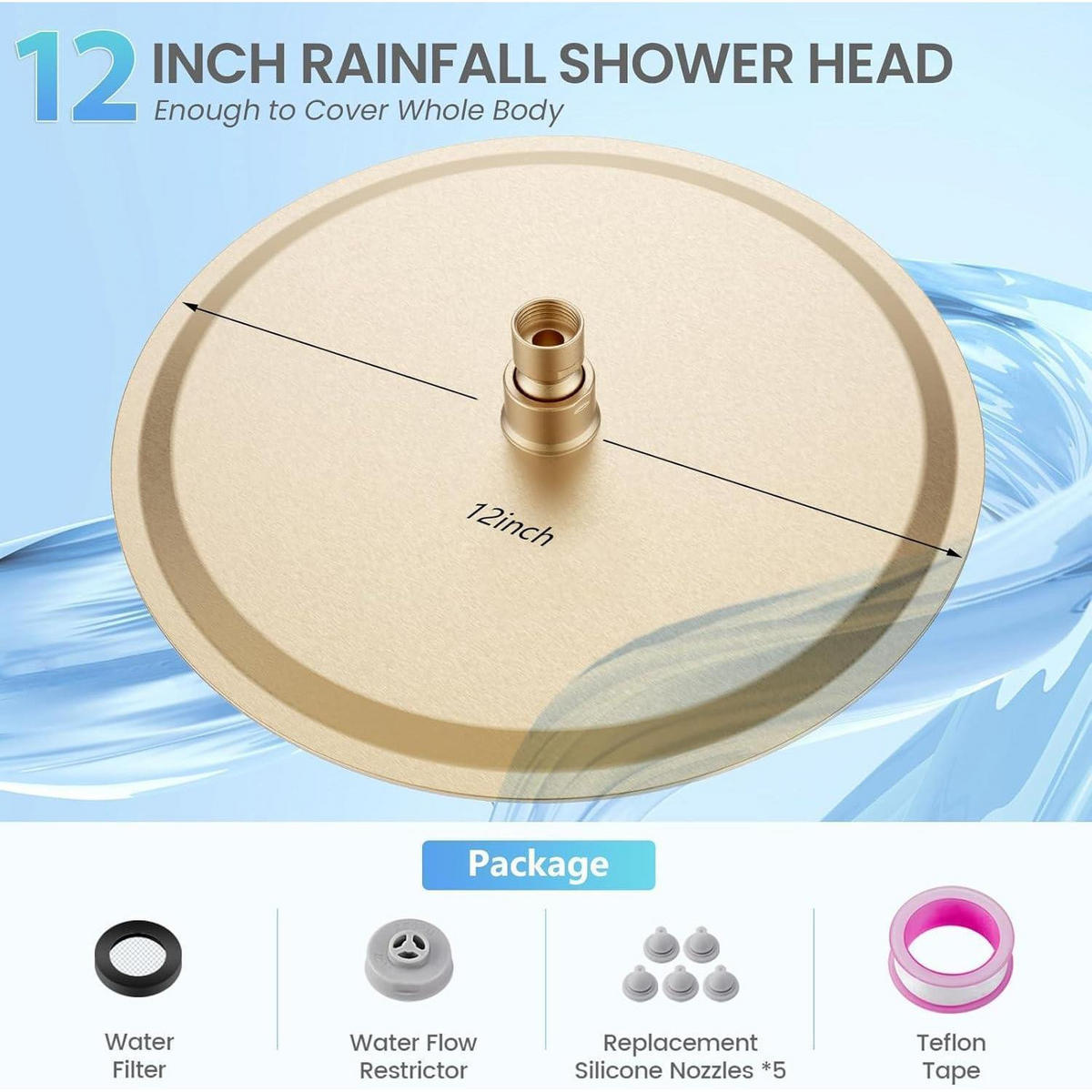 REGENDUSCHE 30 cm Rund Edelstahl Gebürstetes Gold - Goldfarben, Metall (30.5/12.7/30.5cm)