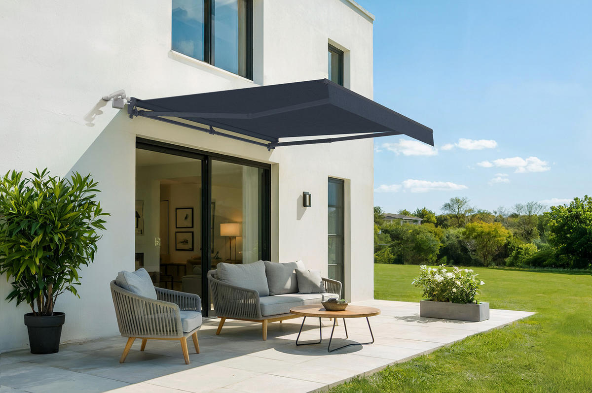 HALBKASSETTENMARKISE Fazzio Graue 3m x 2,5m motorisierte - Premium-Leinwand 320g/m² - Grau, Metall (300/270/250cm) - Cazeboo