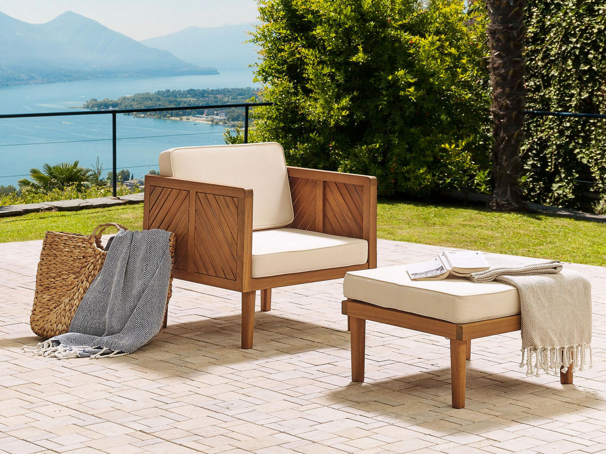 OTTOMANE Akazienholz hellbraun Auflage creme Baratti - Hellbraun/Beige, Holz (57/39/57cm) - Beliani