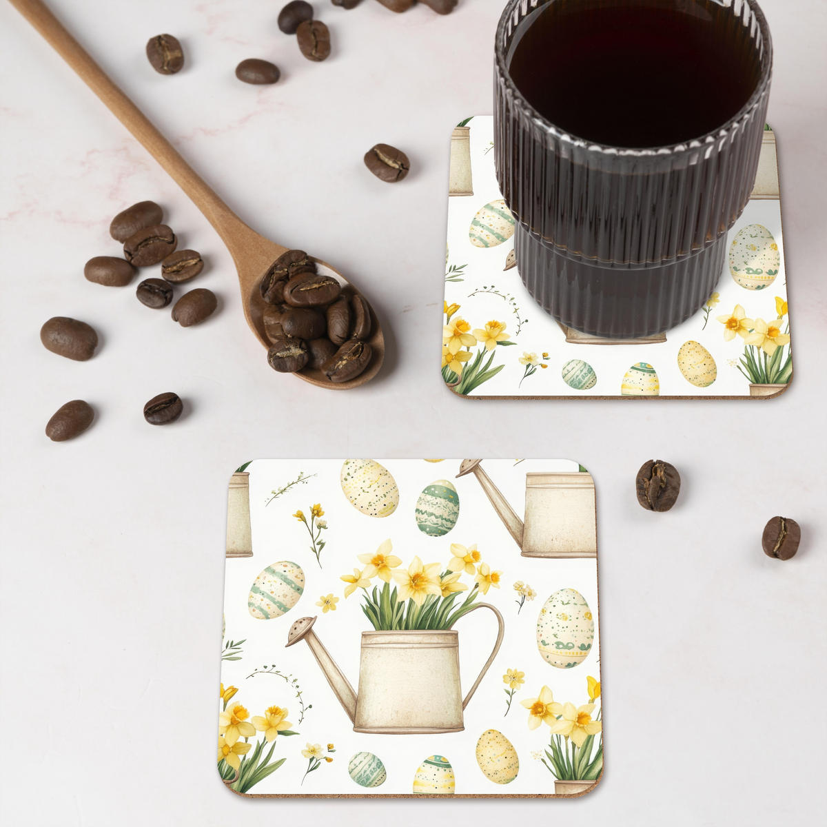 GLASUNTERSETZER 6er-Set Gießkanne - Blumen - Eier 10x10 cm - Weiß, Naturmaterialien (10/0.2cm) - MuchoWow