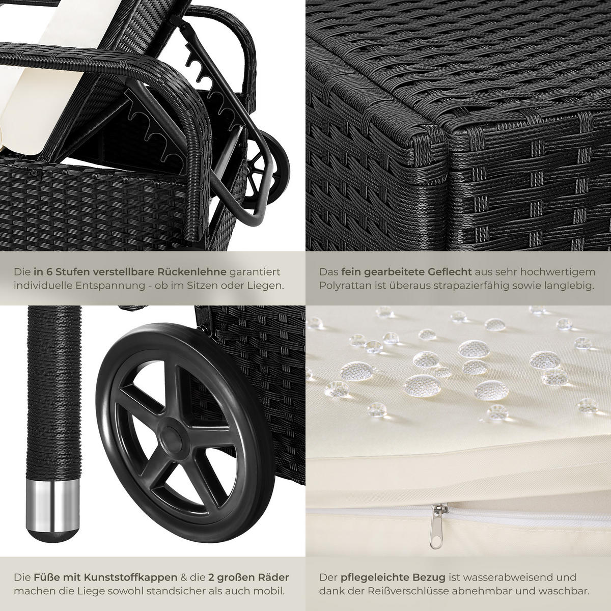 RATTAN-SONNENLIEGE ,200 x 70 x 33 cm,schwarz/beige - Beige/Schwarz, Kunststoff (70/33/200cm) - tectake